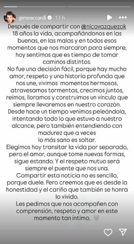Separación Nico Vázquez y Gime Accardi