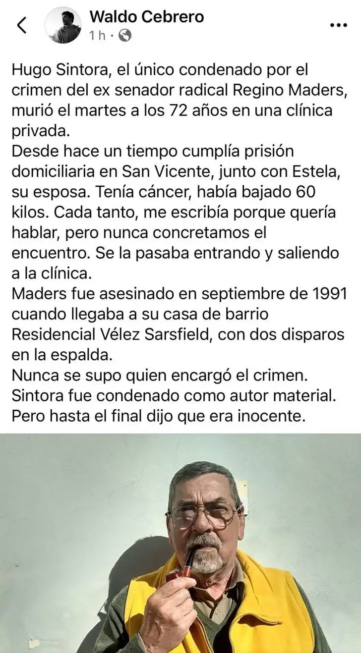 Posteo de Waldo Cebrero sobre Síntora
