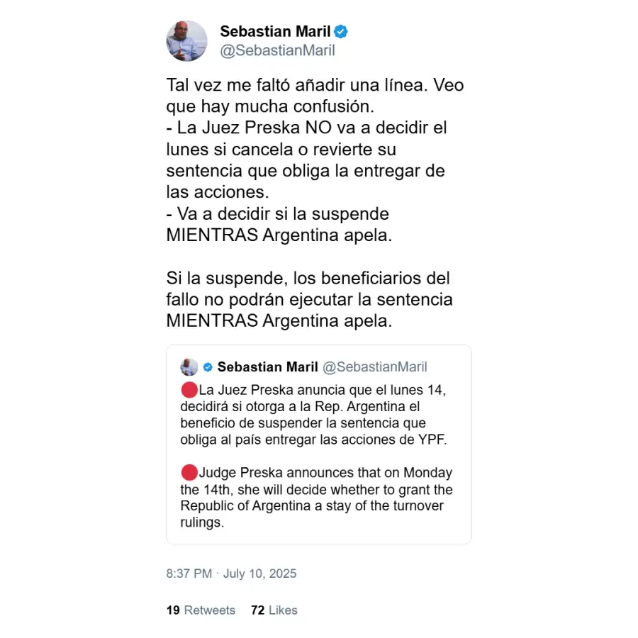 Sebastián Maril sobre lo que hará la jueza Loretta Preska
