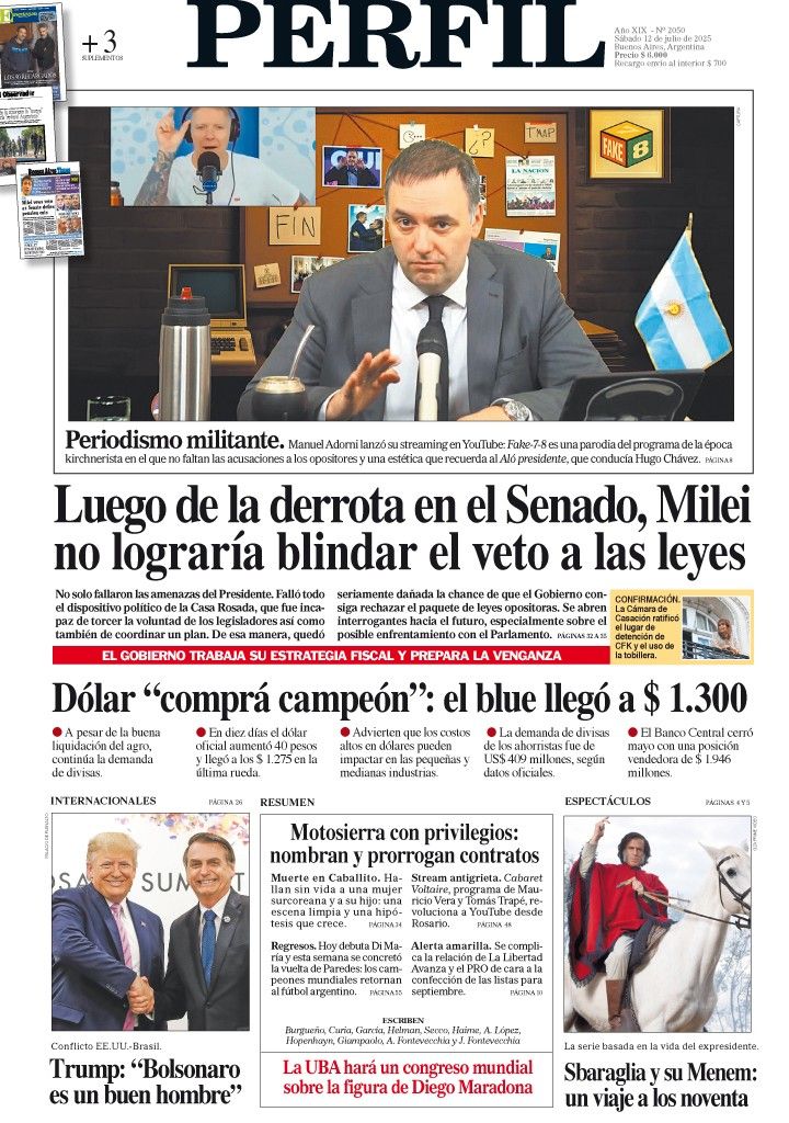La tapa del Diario PERFIL del sábado 12 de julio de 2025
