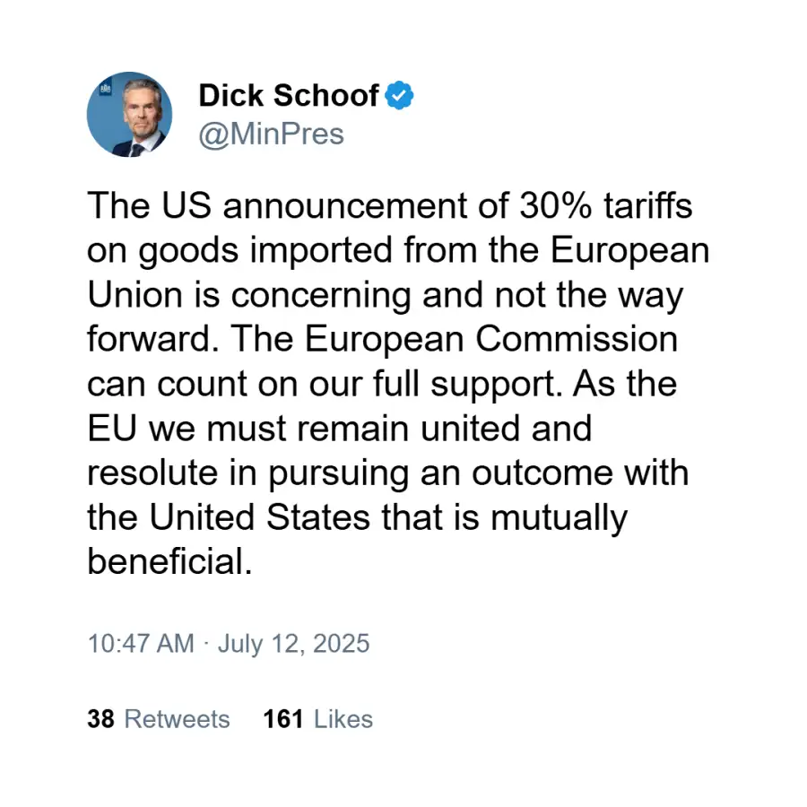 Posteo de Dick Schoof contra los aranceles de Trump