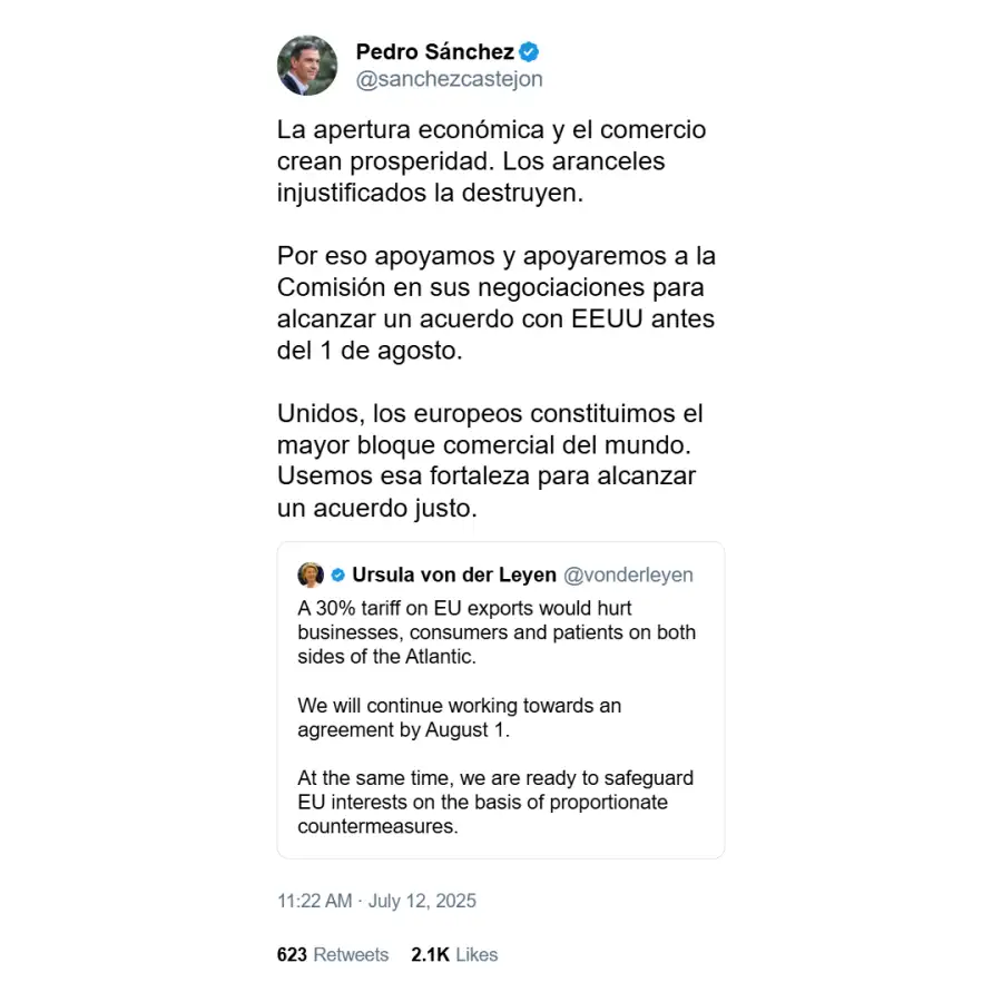 Posteo del presidente Sánchez contra los aranceles de Trump