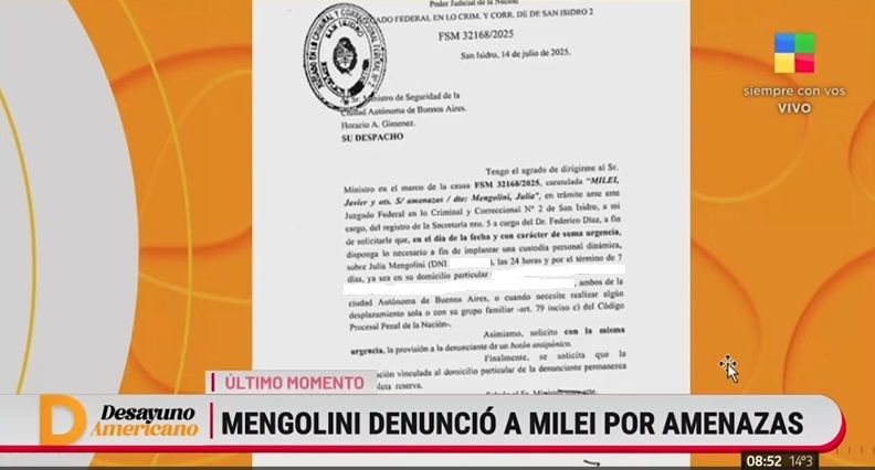 Denuncia de Julia Mengolini a Javier Milei