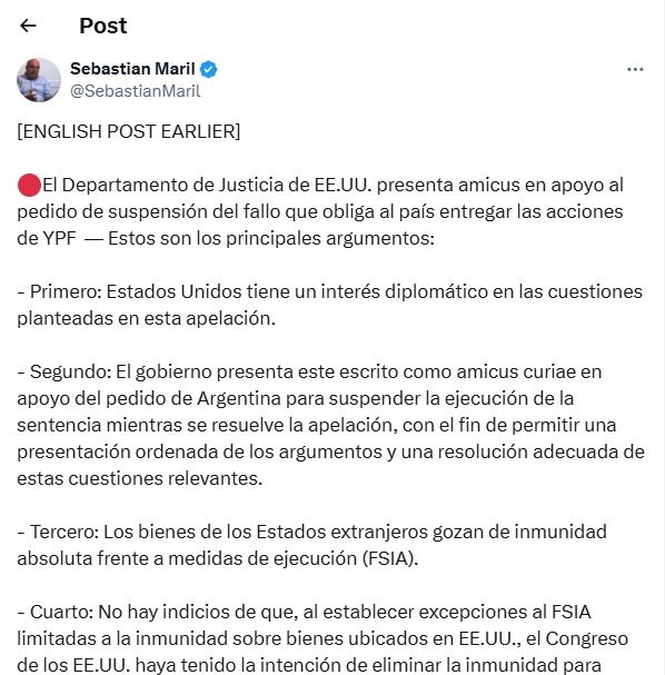 Juicio YPF: EEUU presentó un amicus curiae ante la corte norteamericana de NY.