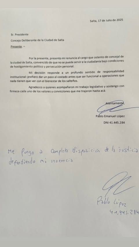 La carta de Pablo Emanuel López renunciando a su cargo de concejal