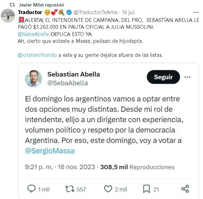 Re -Twitter Javier Miley来自Sebastian Abella