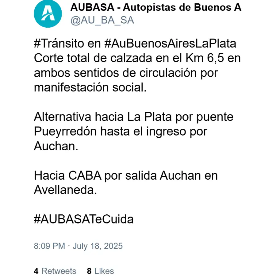 Posteo de Autopistas Argentinas por el Corte de Autopista Buenos Aires-La Plata