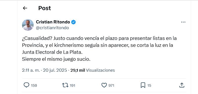 El tuit de Cristian Ritondo sobre el curioso corte de luz en La Plata que permitió que el PJ estirara el plazo para la presentación de sus listas.