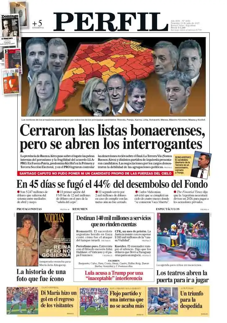 La tapa del Diario PERFIL del domingo 20 de julio de 2025