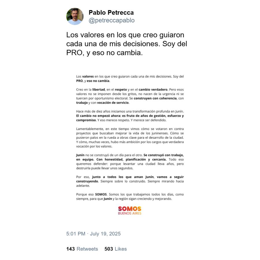 Posteo de Pablo Petrecca, candidato a primer senador de Somos Buenos Aires por la Cuarta Sección