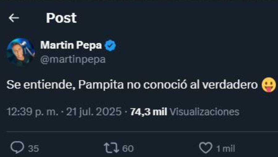Mensaje de Martín Pepa de GH tras la separación de Pampita