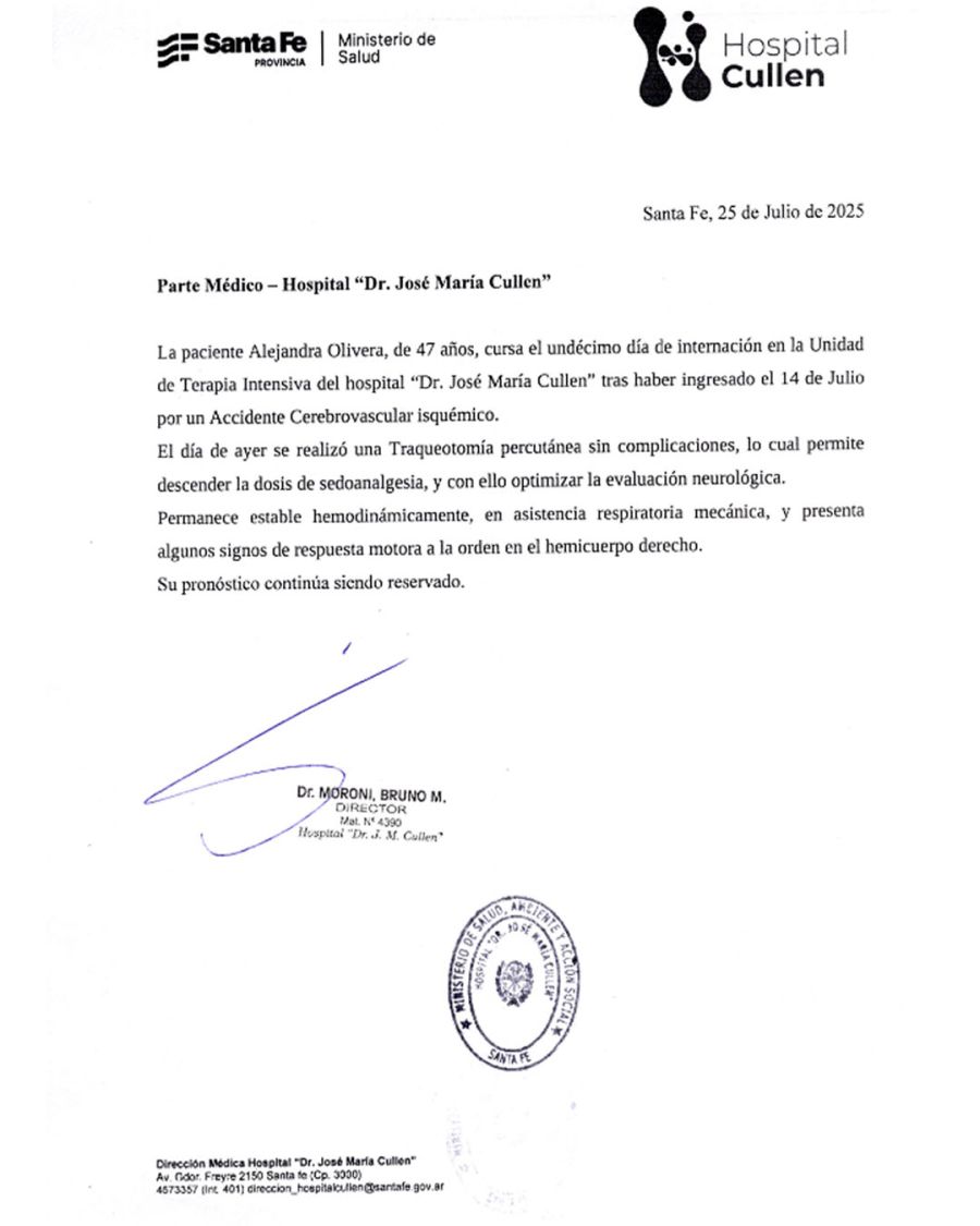 Nuevo parte médico de Alejandra Locomotora Oliveras este viernes 25 de julio