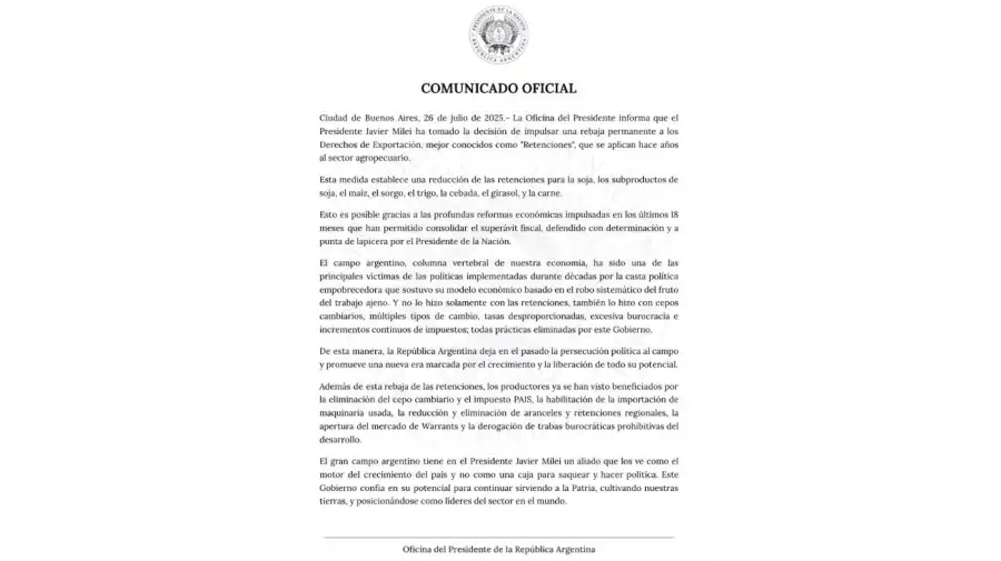 Comunicado presidencial sobre la baja de retenciones