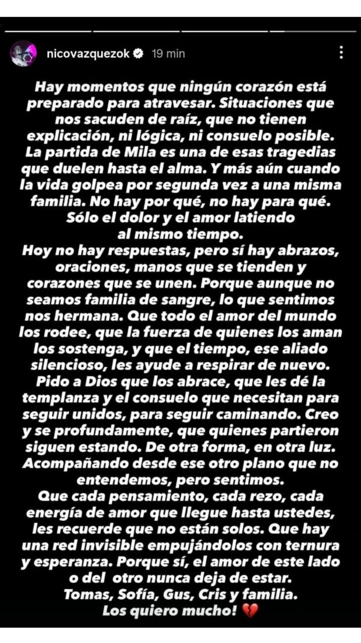 El mensaje de Nico Vázquez por la muerte de la nieta de Cris Morena