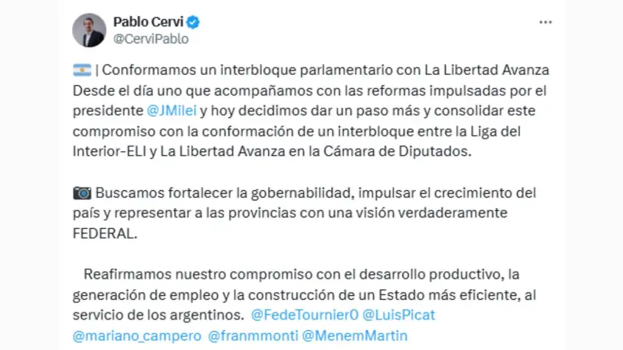 Tweet Pablo Cervi Interbloque parlamentario La Libertad Avanza