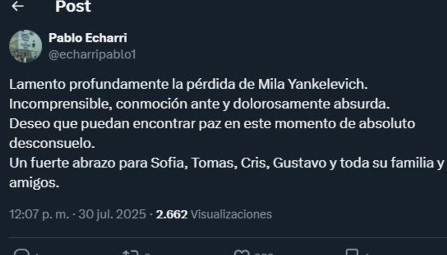 Mensaje de Pablo Echarri sobre la muerte de Mila Yankelevich