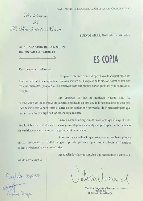 Carta de Villarruel al bloque kirchnerista