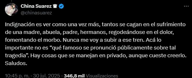 La furia de La China Suárez por las críticas que recibió tras conocerse la muerte de Mila Yankelevich, la nieta de Cris Morena 