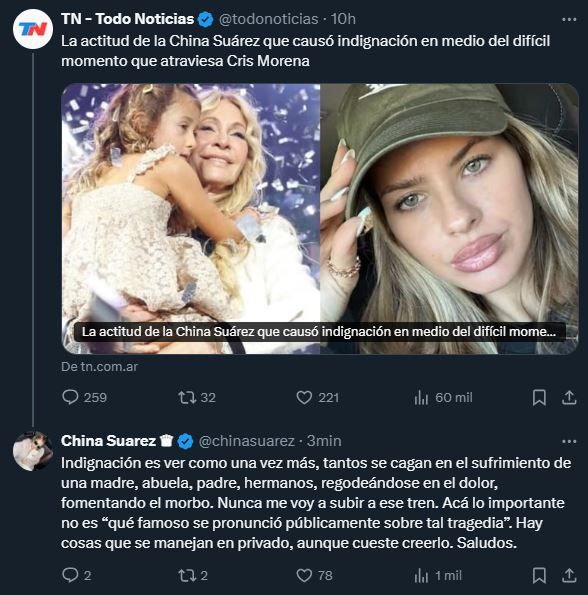 Respuestra de China Suárez a una polémica tras la muerte de Mila Yankelevich