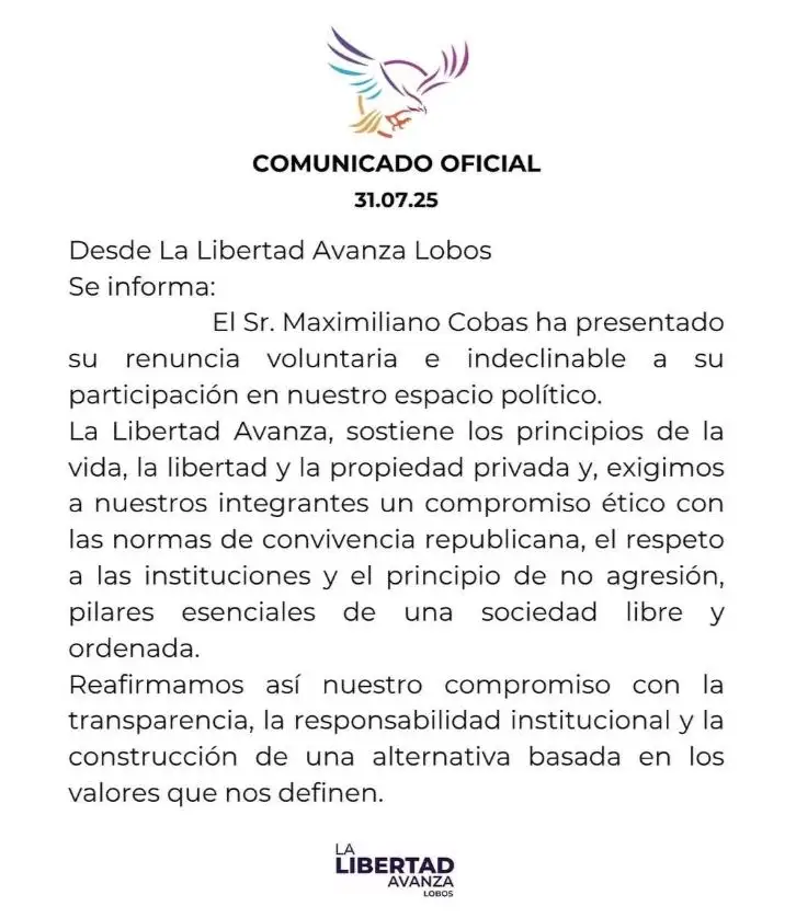 Comunicado de La Libertad Avanza de Lobos tras el procesamiento del candidato a concejal Maximiliano Cobas