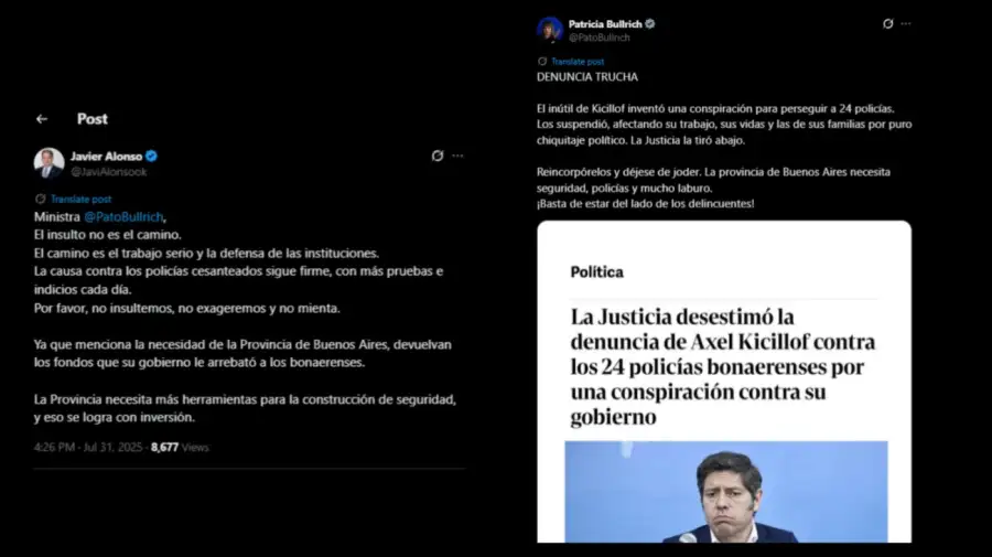 Cruce de Patricia Bullrich y Javier Alonso por los policías suspendidos