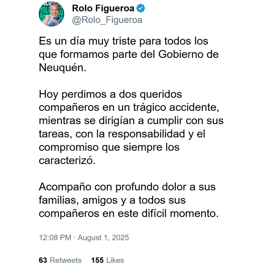 Posteo gobernador por muerte de dos empleados en la ruta