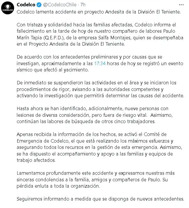 Tras un sismo, se derrumbó la mina El Teniente, en Rancagua, Chile