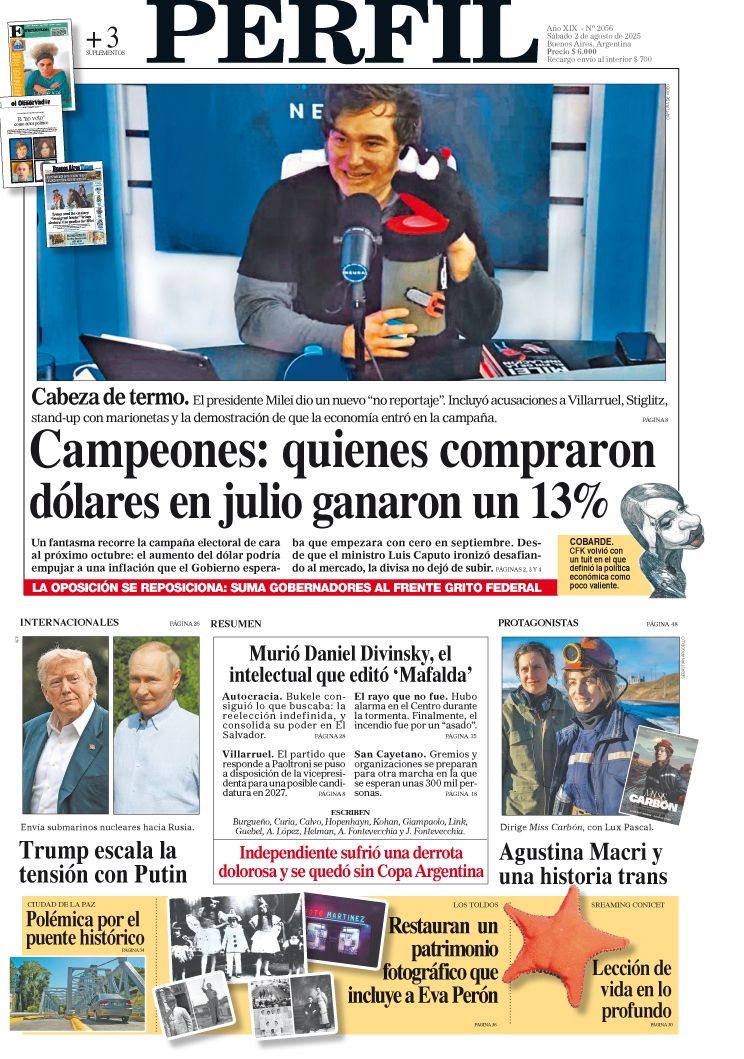 La tapa del Diario PERFIL del sábado 2 de agosto de 2025