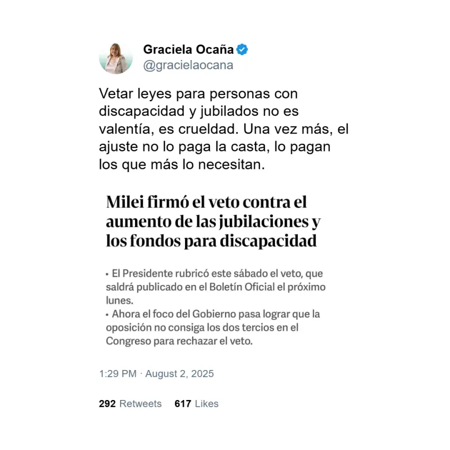 Graciela Ocaña contra el veto del presidente Javier Milei