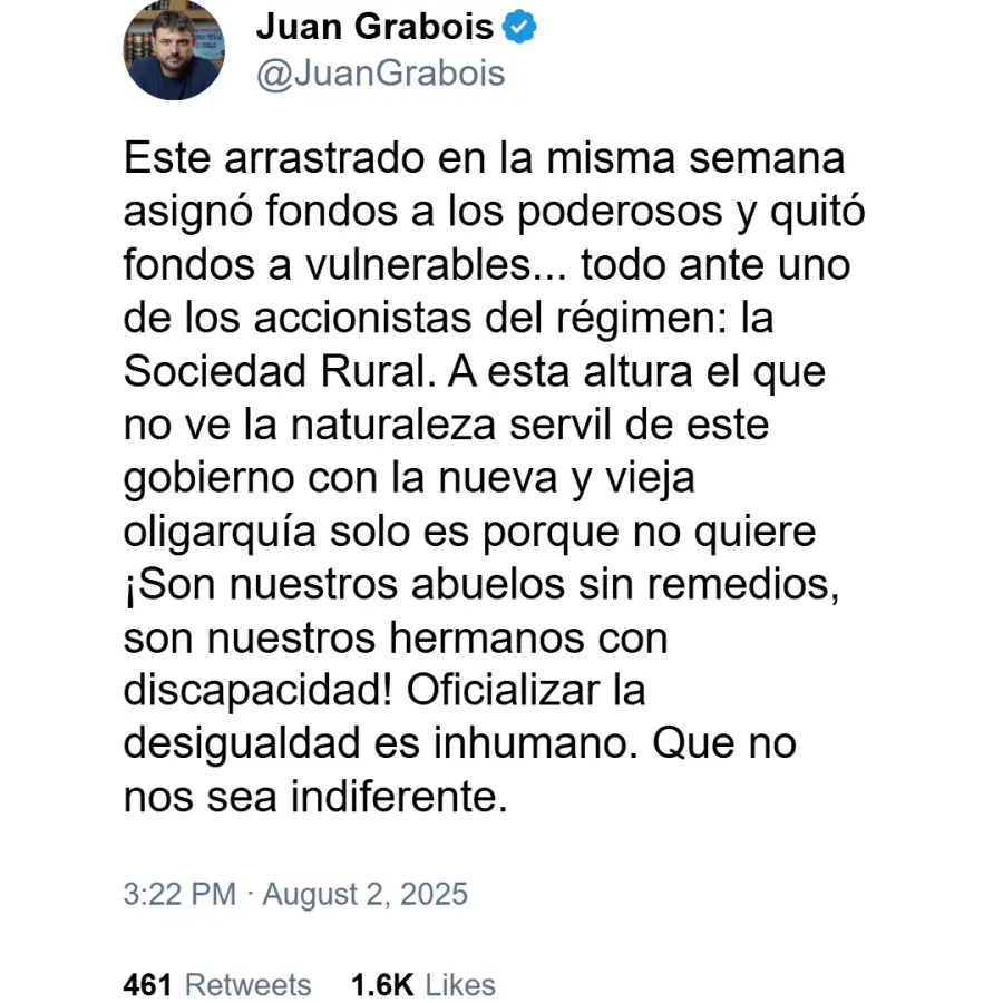 Posteo de Juan Grabois contra el presidente Javier Milei