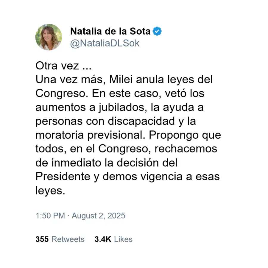 Posteo de Natalia de la Sota contra el veto de Javier Milei