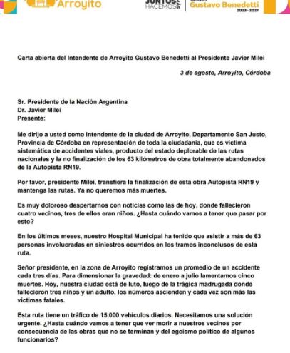 04-08-2025 Carta a Milei intendente Arroyito Córdoba