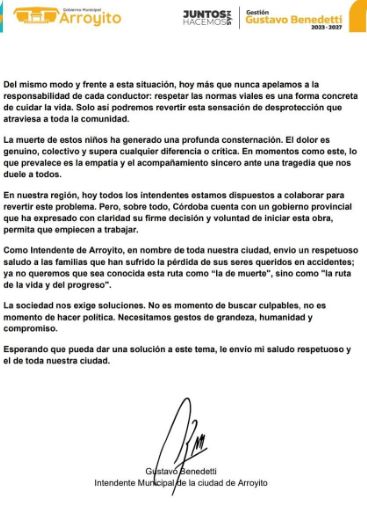 04-08-2025 Carta a Milei intendente Arroyito Córdoba