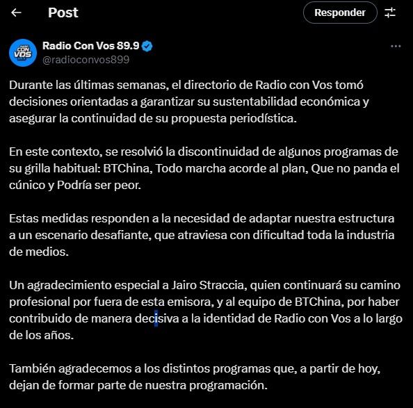 Comunicado de Radio con Vos