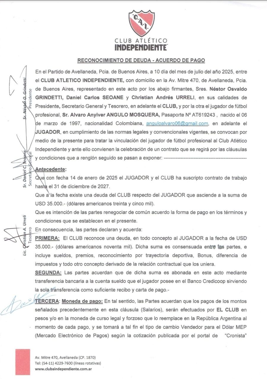 Comunicado Independiente vs Angulo