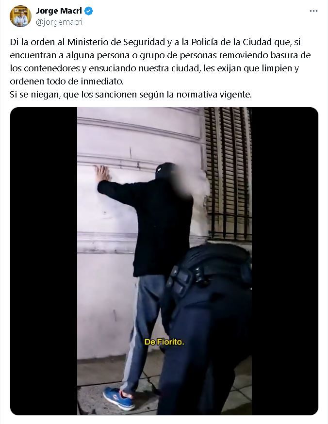 Tuit de Jorge Macri contra los cartoneros