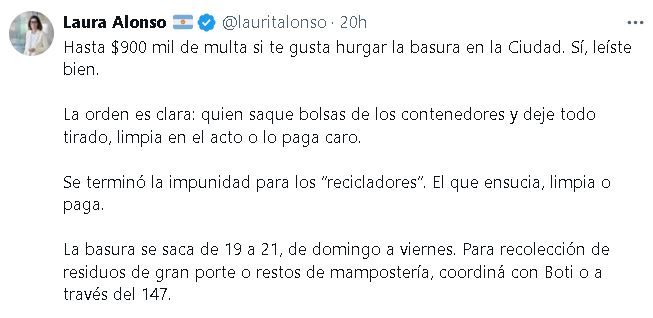 Tuit Laura Alonso contra los cartoneros