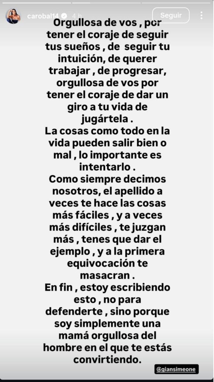 Mensaje de Carolina Baldini a Gianluca Simeone