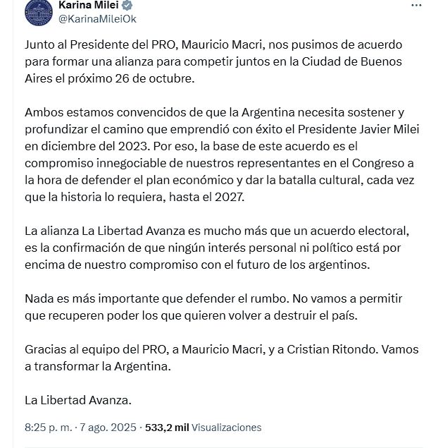 El mensaje de Karina Milei, de agradecimiento a Macri y al PRO.