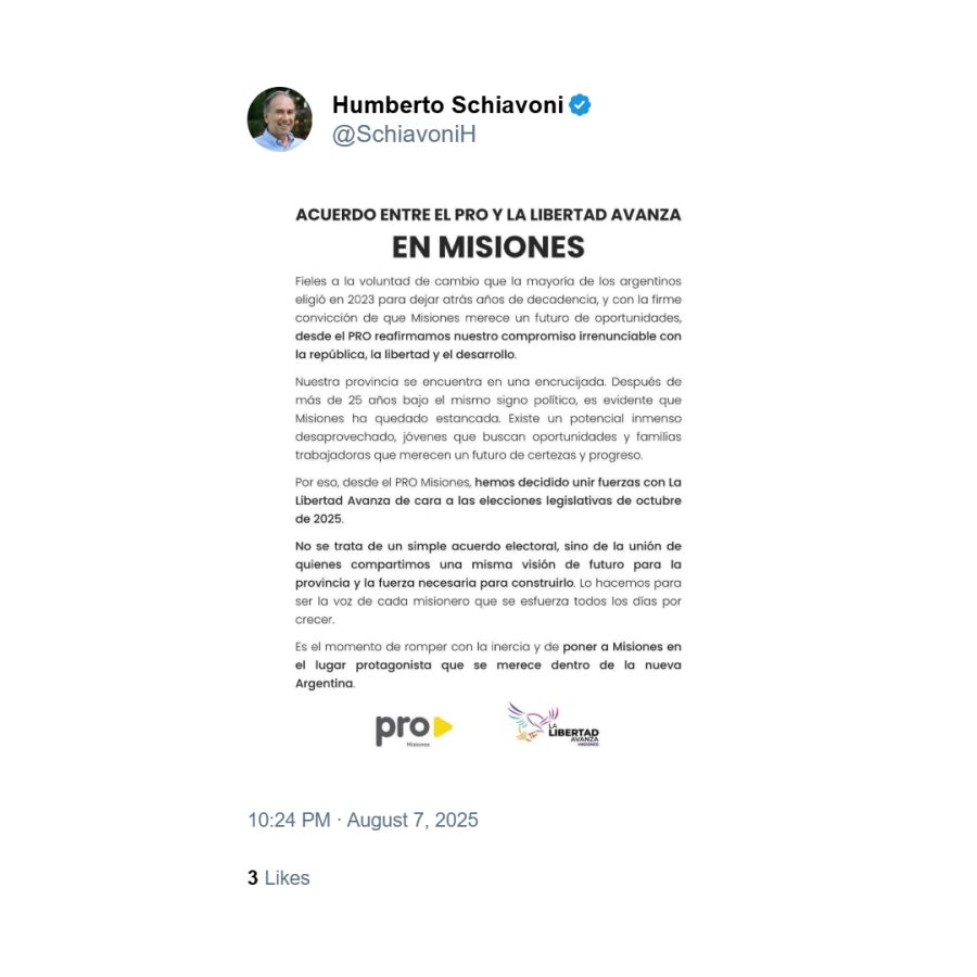 Posteo de Humberto Schiavoni sobre su acuerdo con LLA