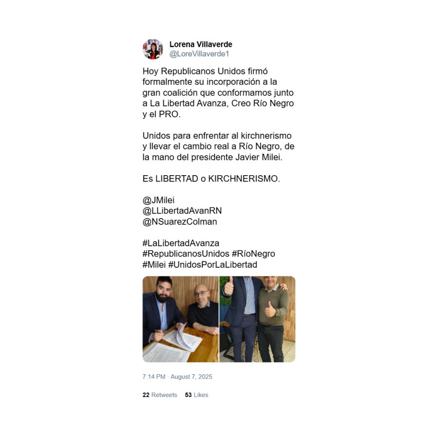 Posteo de Lorena Villaverde sobre el acuerdo con LLA