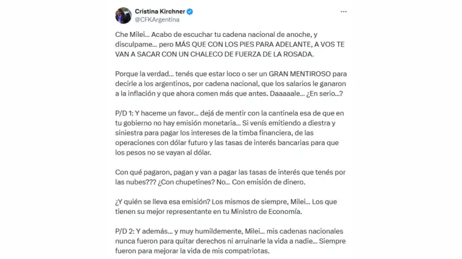 Cristina Kirchner contra Javier Milei
