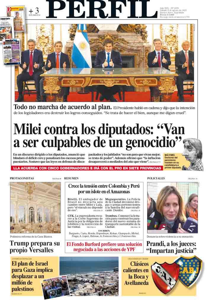 La tapa del Diario PERFIL del sábado 9 de agosto de 2025