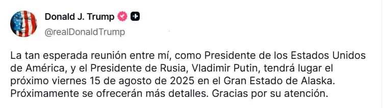 Posteo de Donald Trump sobre su próximo encuentro con Vladimir Putin