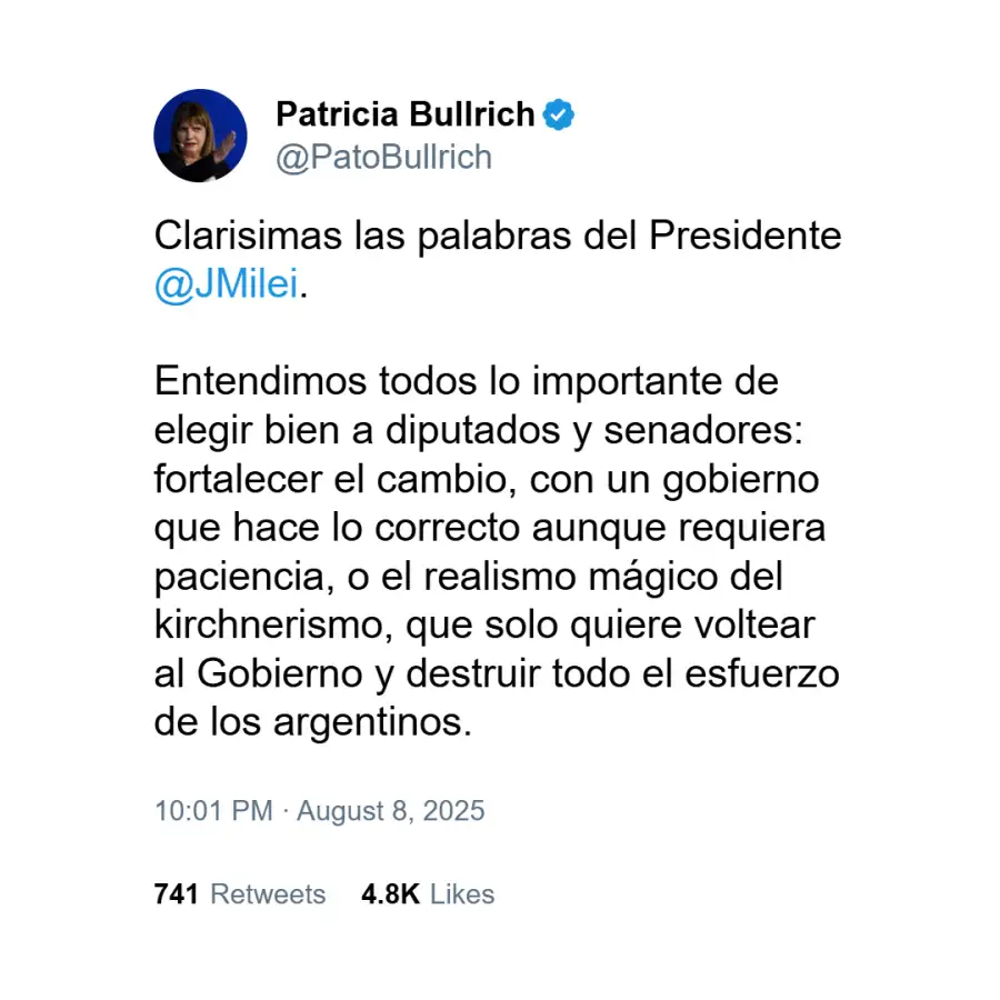 Posteo de Patricia Bullrich