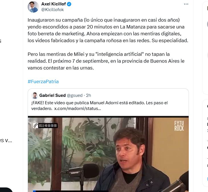 El posteo de Kicillof, criticando al Gobierno por atacarlo con fakes en redes.