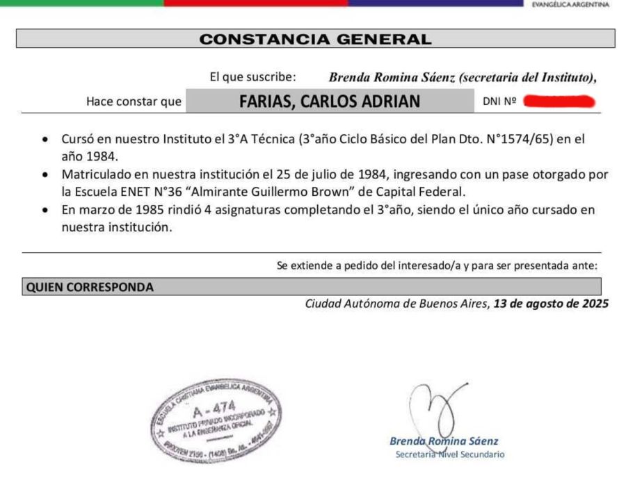 El certificado que presentó el excompañero de Diego Fernández 20250813
