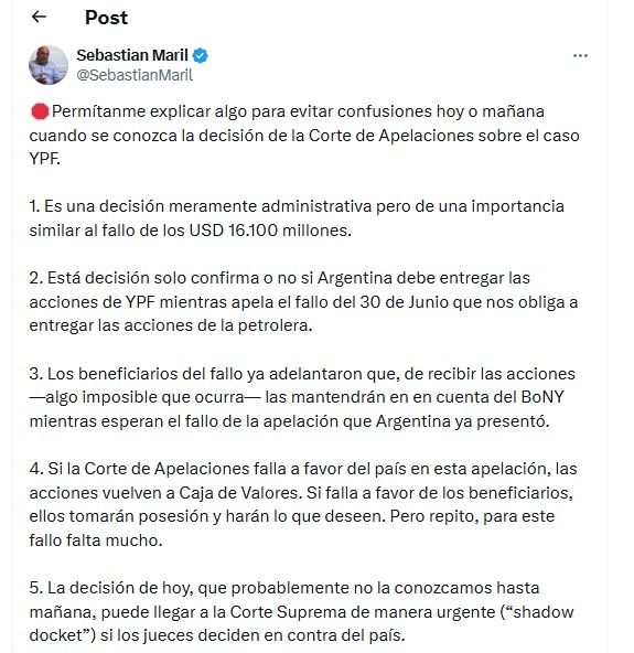Sebastián Maril post sobre el fallo de la corte de apelaciones de NY
