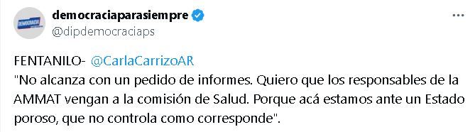 Tuit de Democracia Para Siempre sobre el fentanilo contaminado