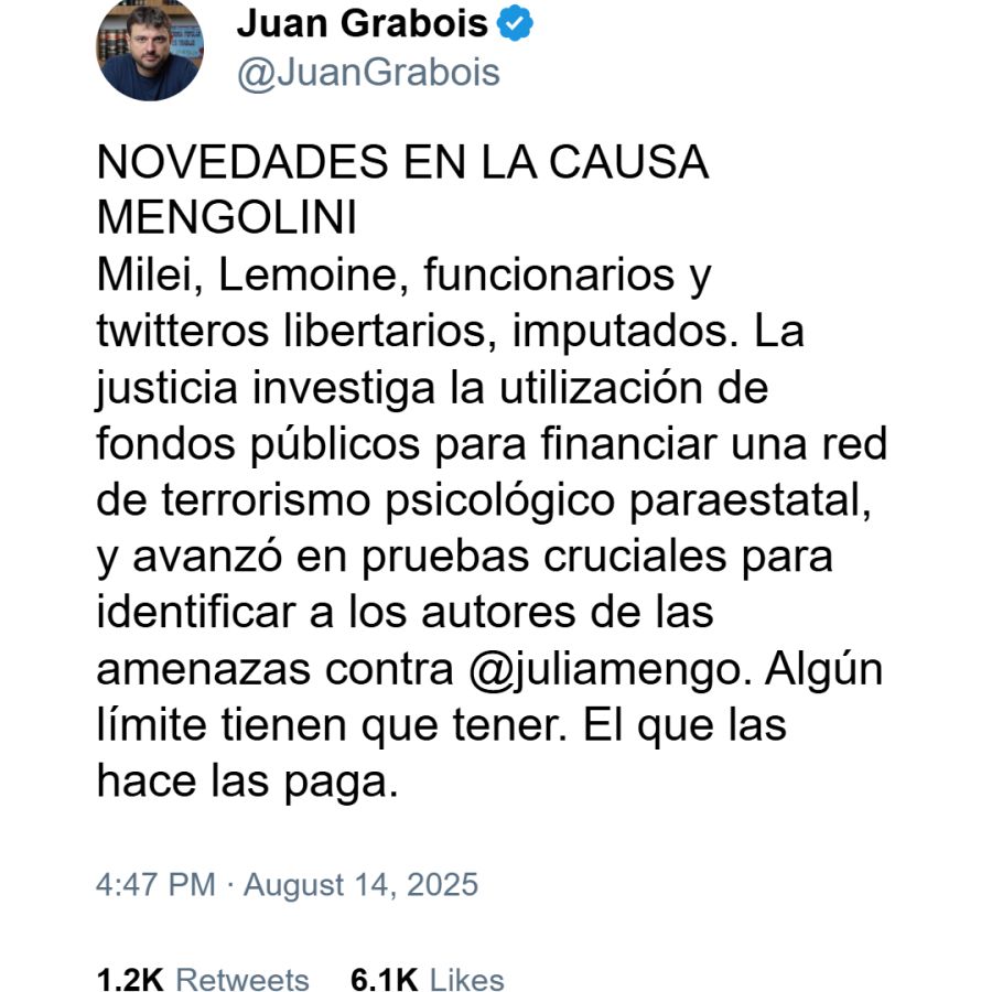 Posteo de Juan Grabois contra Javier Milei